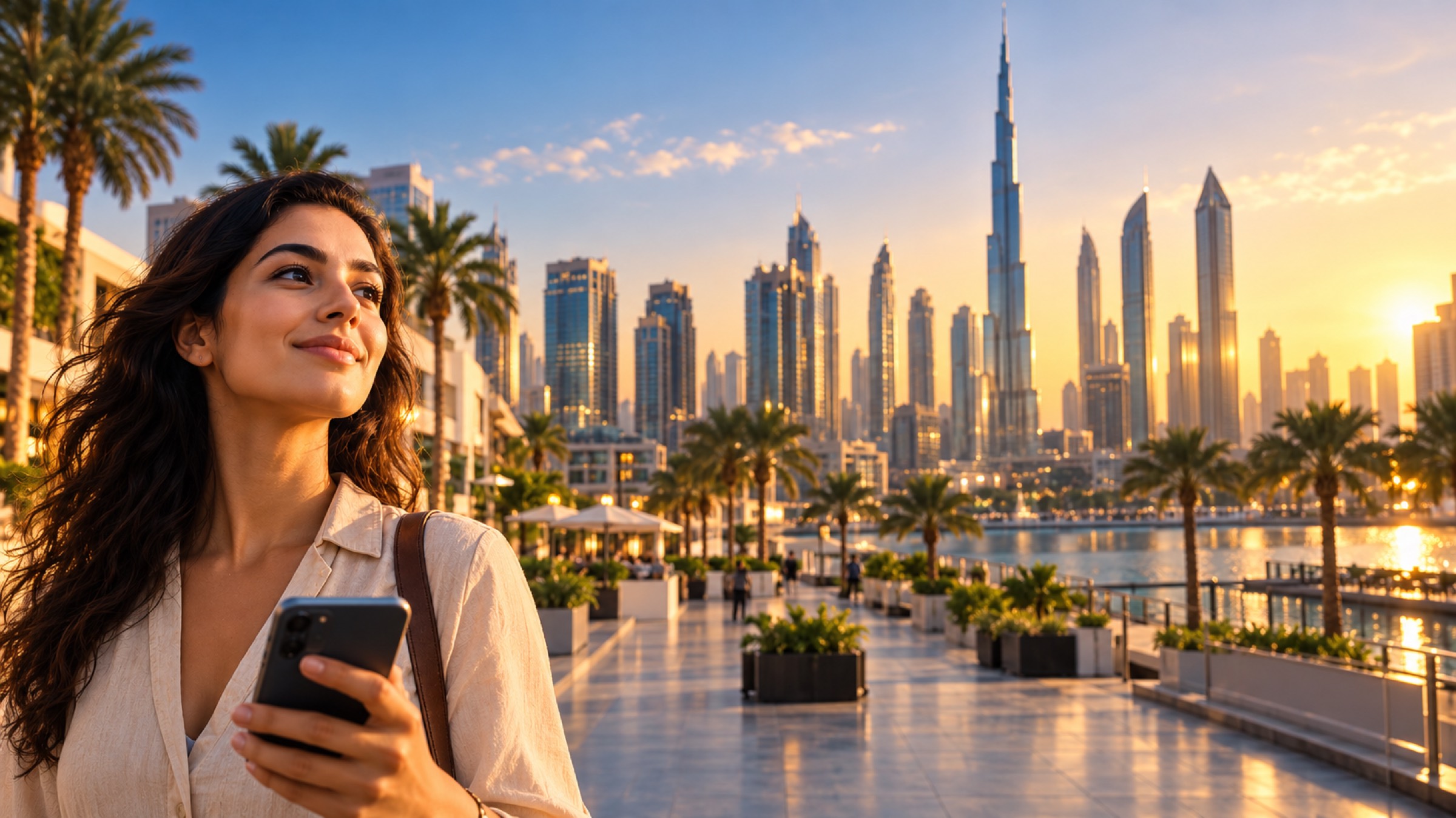 A woman on a waterfront promenade at sunset, city towers behind her